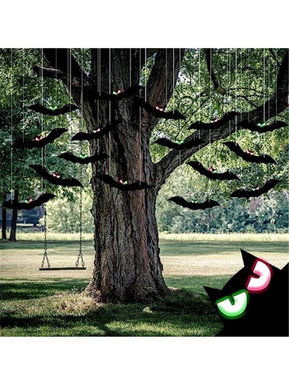18 Black Halloween Bat Yard Decorations with Glow-in-the-Dark Eyes
